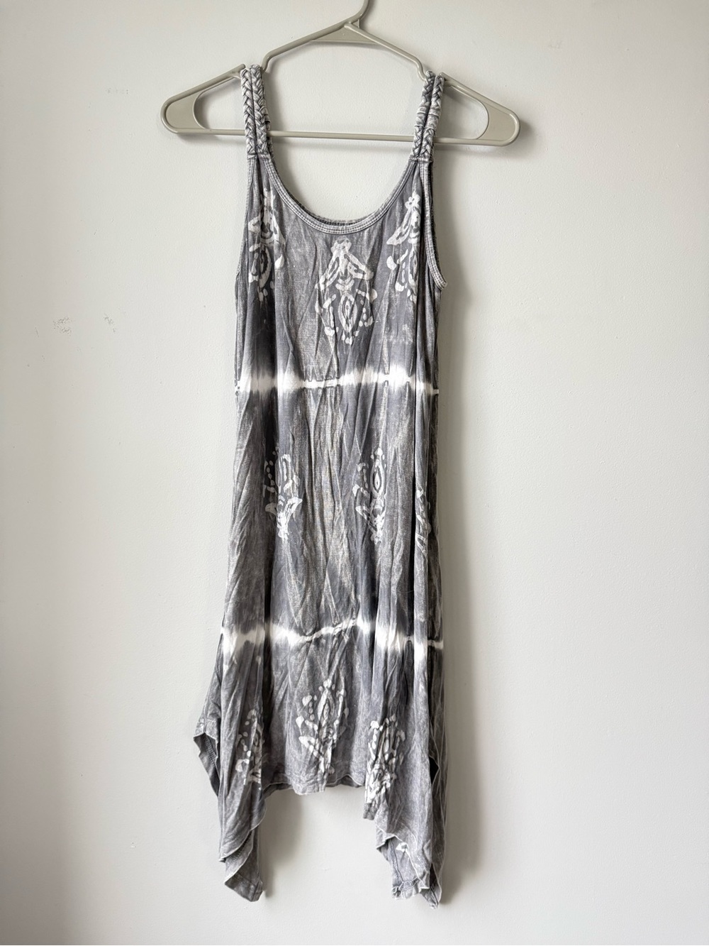 VTG BOHO INDIA BOUTIQUE Tie-Dye Tank Dress Braided Straps Groovy Hippie Gray OS